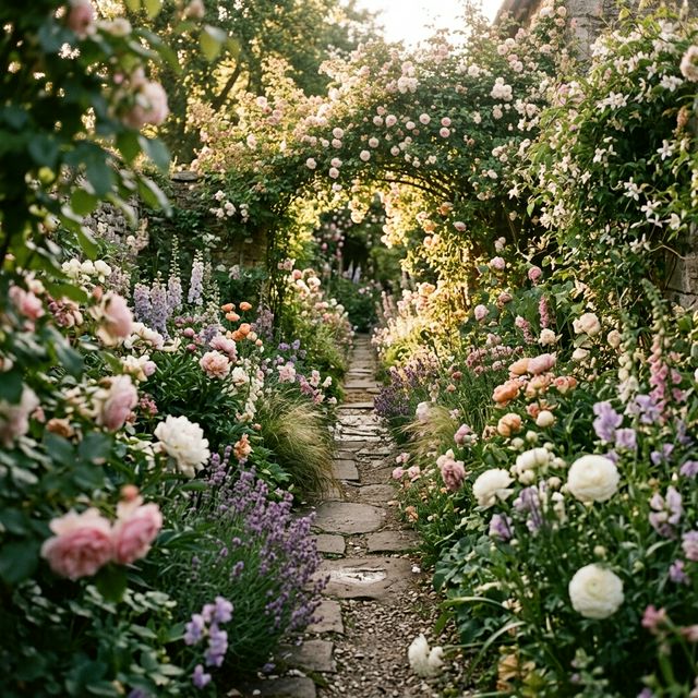 Lush floral garden at golden hour